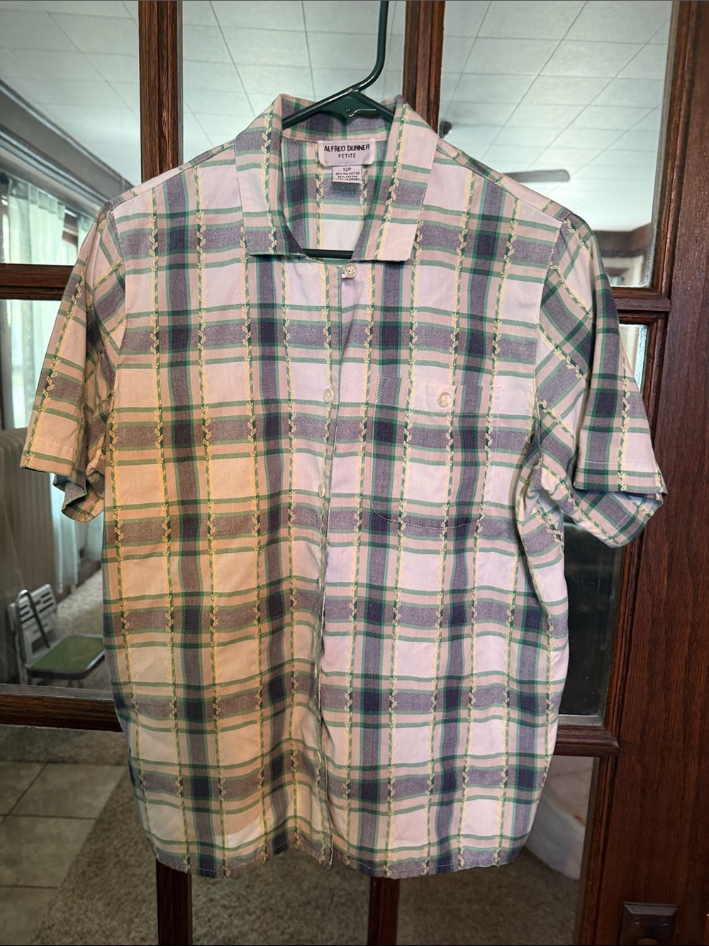 Alfred Dunner Petite Green Plaid Embroidered Short Sleeve Button Up Shirt 12P